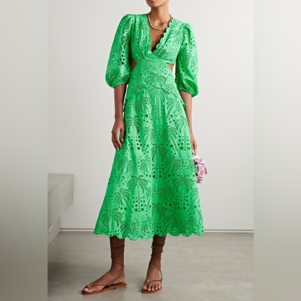 FARM Rio Vibrant Green Eyelet Midi Dress